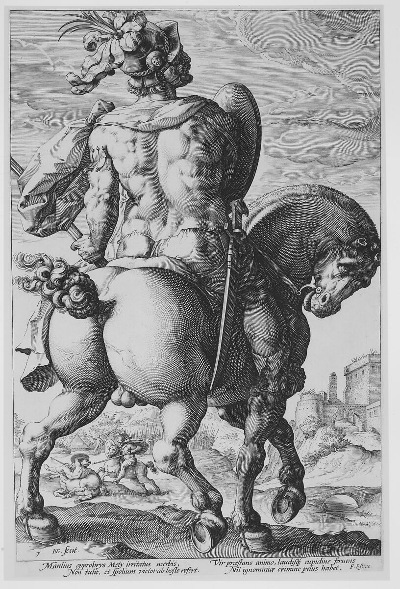 Titus Manlius, from "The Roman Heroes", Hendrick Goltzius (Netherlandish, Mühlbracht 1558–1617 Haarlem), Engraving; second state