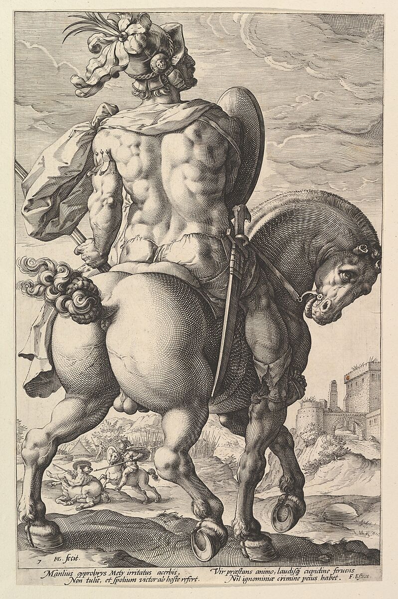 Titus Manlius, from "The Roman Heroes", Hendrick Goltzius (Netherlandish, Mühlbracht 1558–1617 Haarlem), Engraving; second state 
