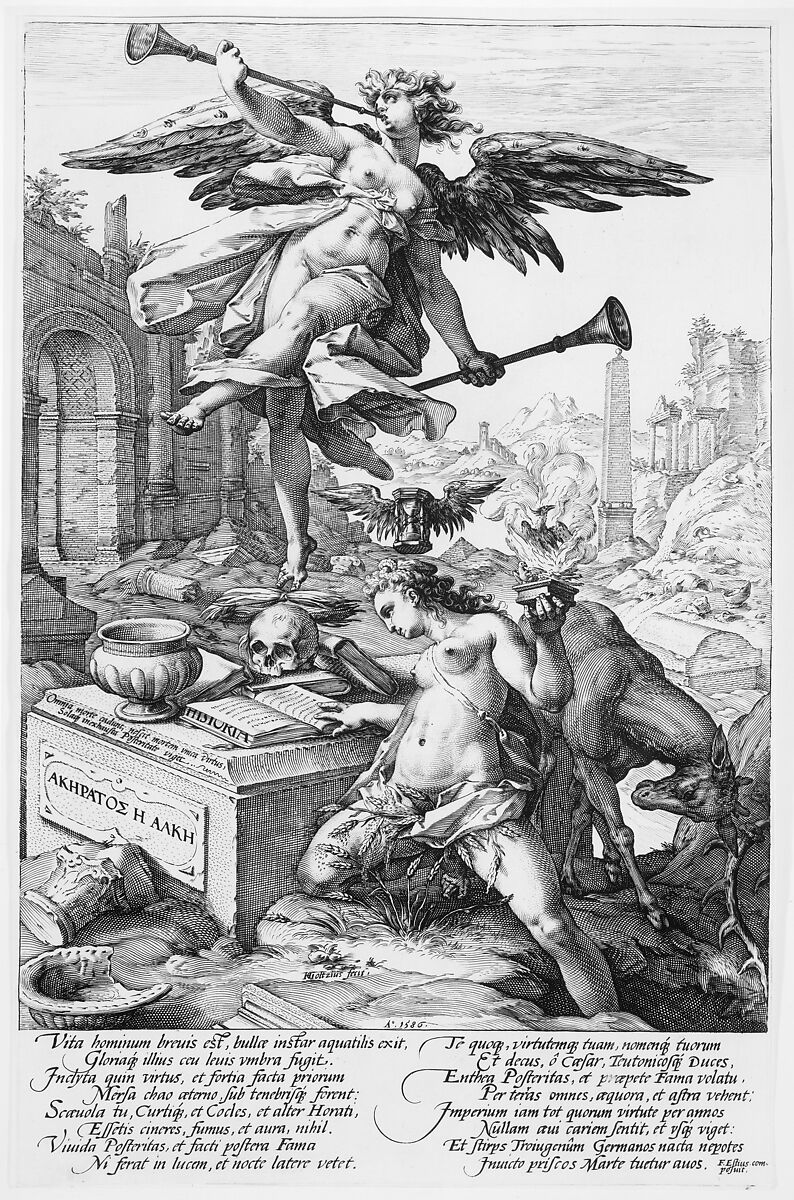 Fame and History, from "The Roman Heroes", Hendrick Goltzius (Netherlandish, Mühlbracht 1558–1617 Haarlem), Engraving; second state