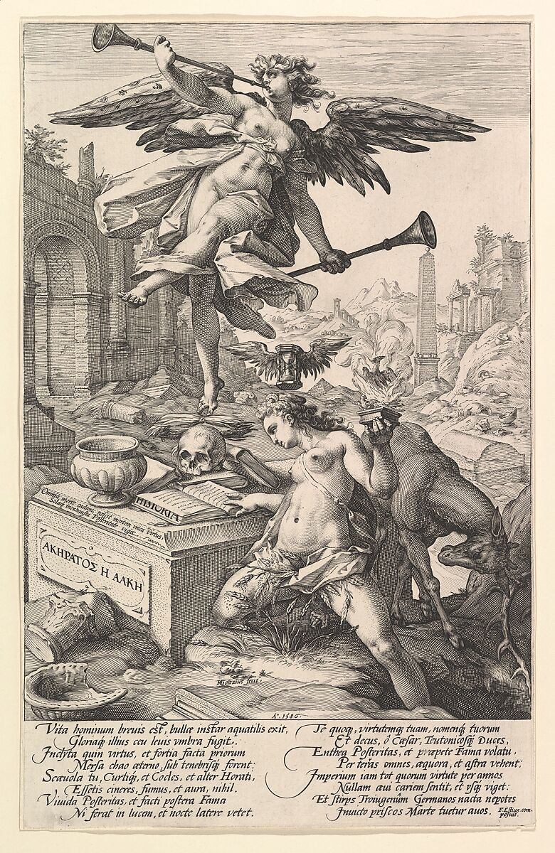 Fame and History, from "The Roman Heroes", Hendrick Goltzius (Netherlandish, Mühlbracht 1558–1617 Haarlem), Engraving; second state 