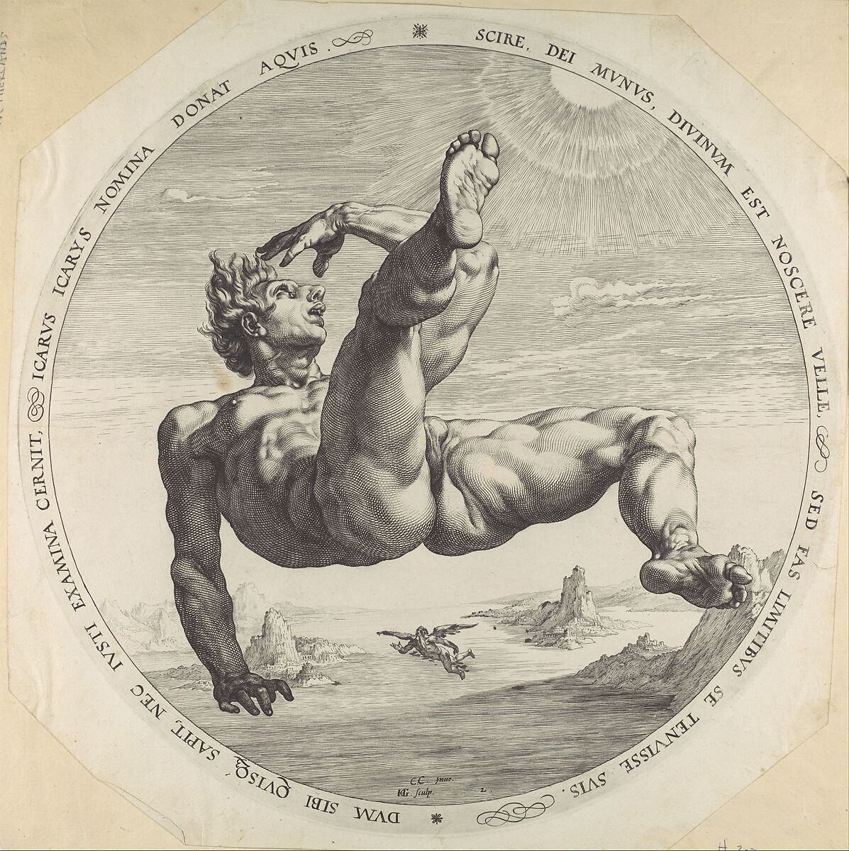 Icarus, from "The Four Disgracers", Hendrick Goltzius (Netherlandish, Mühlbracht 1558–1617 Haarlem), Engraving 