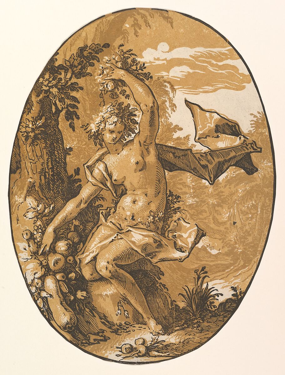 Proserpina, Hendrick Goltzius (Netherlandish, Mühlbracht 1558–1617 Haarlem), Chiaroscuro woodcut in brown 