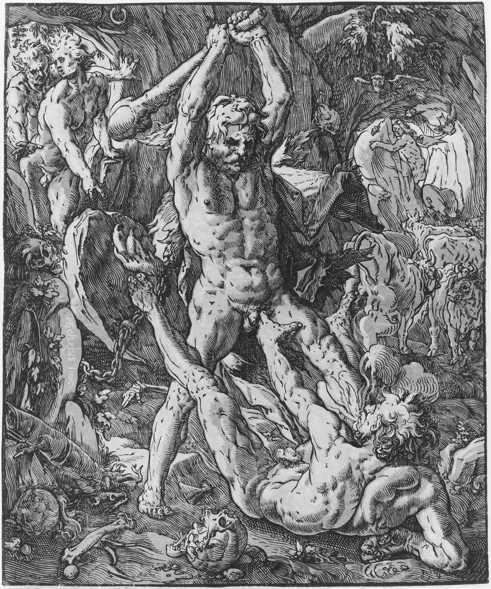 Hercules and Cacus, Hendrick Goltzius (Netherlandish, Mühlbracht 1558–1617 Haarlem), Chiaroscuro woodcut in green/yellow-green 