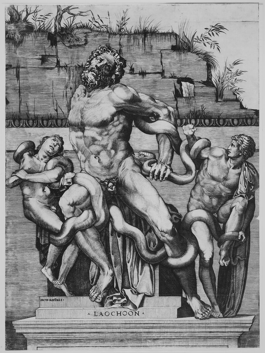 Laocoön and his sons being attacked by serpents, Marco Dente (Italian, Ravenna, active by 1515–died 1527 Rome), Engraving, lower right corner made up with ink
