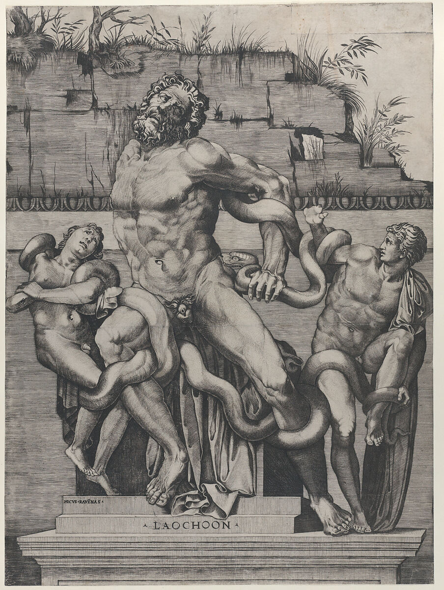 Laocoön and his sons being attacked by serpents, Marco Dente (Italian, Ravenna, active by 1515–died 1527 Rome), Engraving, lower right corner made up with ink