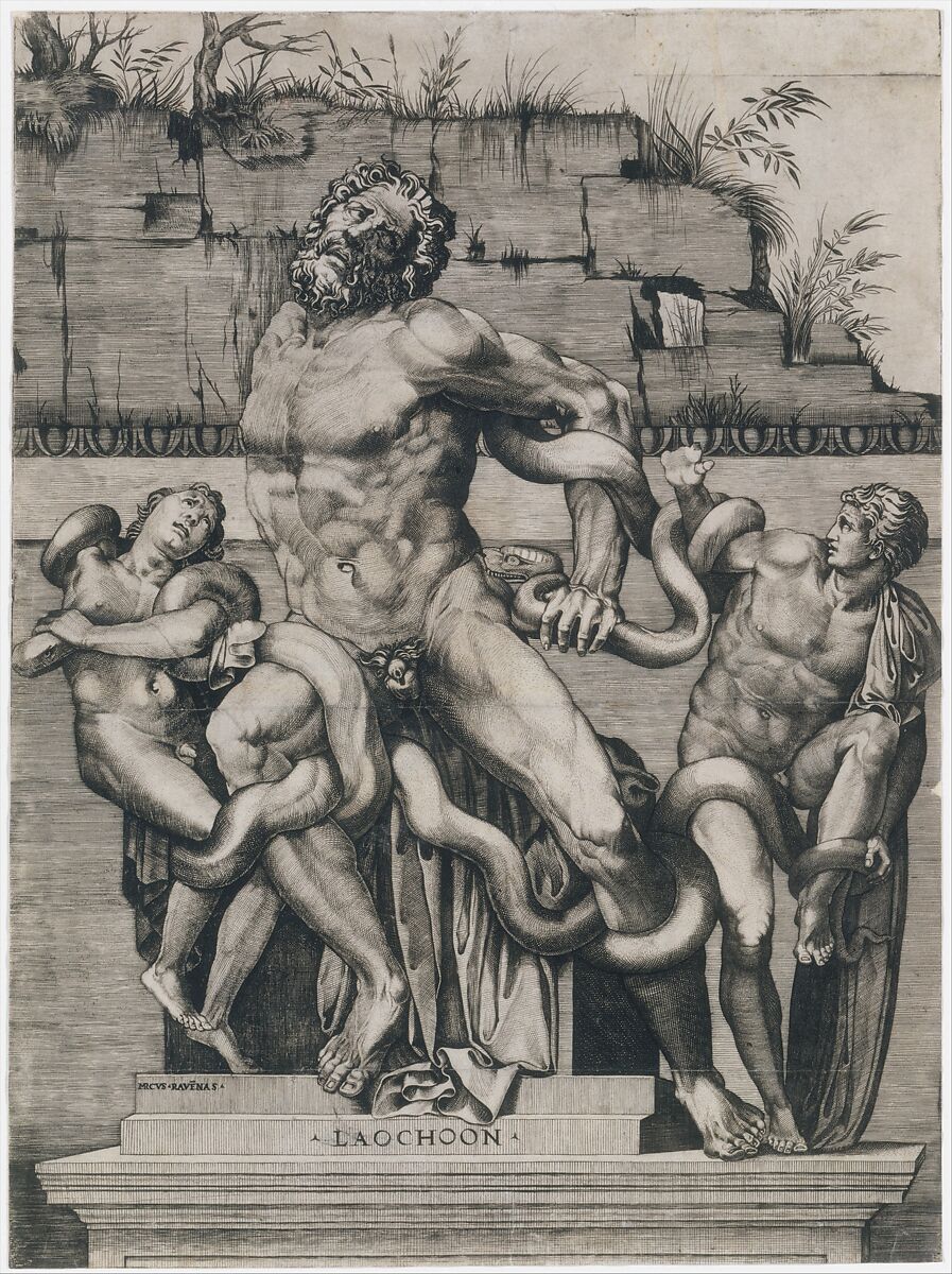 Laocoön and his sons being attacked by serpents, Marco Dente (Italian, Ravenna, active by 1515–died 1527 Rome), Engraving, lower right corner made up with ink