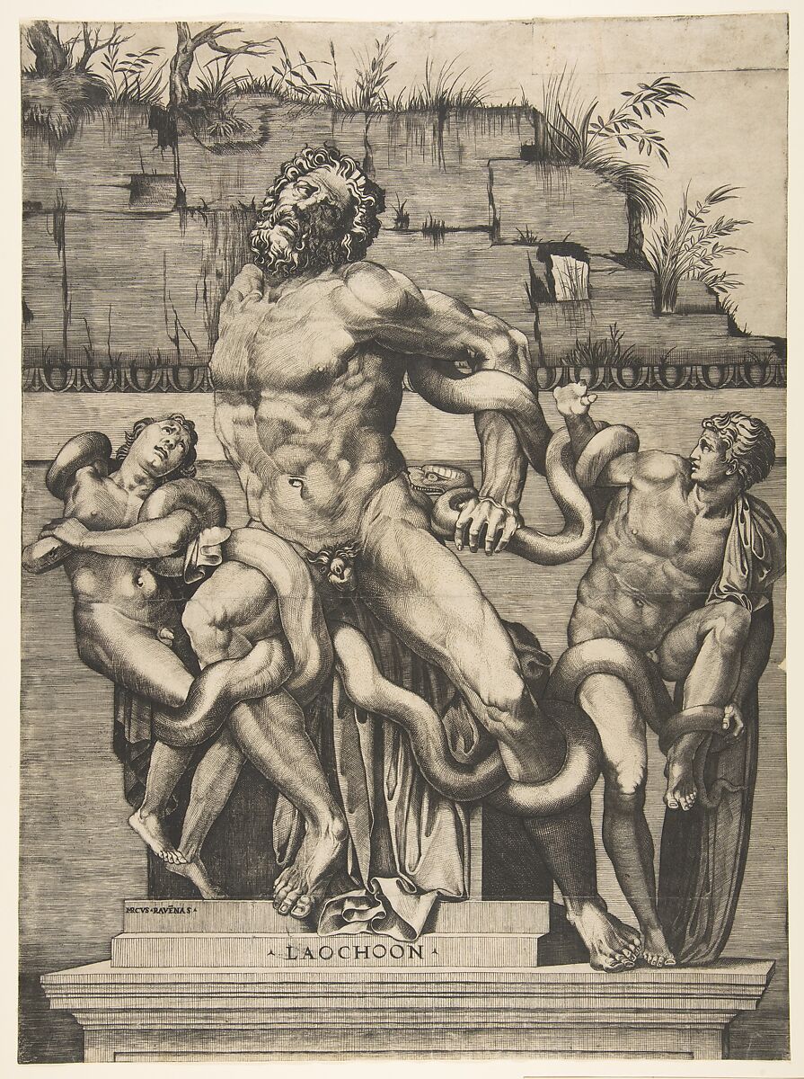 Laocoön and his sons being attacked by serpents, Marco Dente (Italian, Ravenna, active by 1515–died 1527 Rome), Engraving, lower right corner made up with ink 
