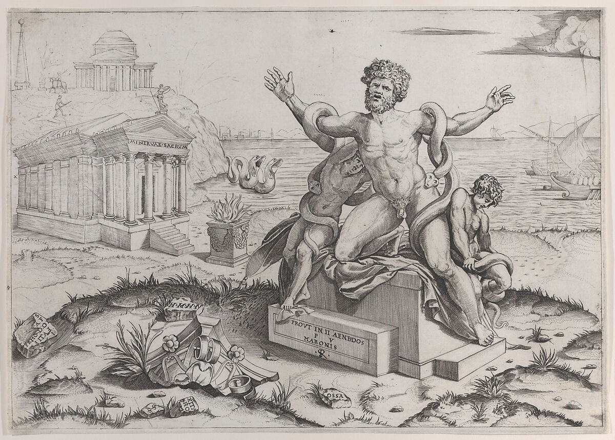 Laocoön and his two sons being attacked by serpents upon a pedestal, a temple to Minerva behind them, another temple and the sea in the background, Marco Dente (Italian, Ravenna, active by 1515–died 1527 Rome), Engraving