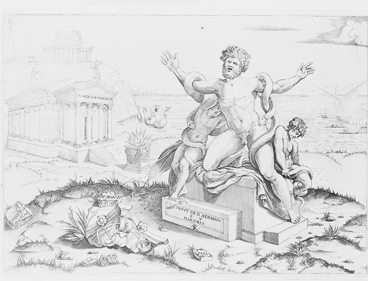 Laocoön and his two sons being attacked by serpents upon a pedestal, a temple to Minerva behind them, another temple and the sea in the background, Marco Dente (Italian, Ravenna, active by 1515–died 1527 Rome), Engraving