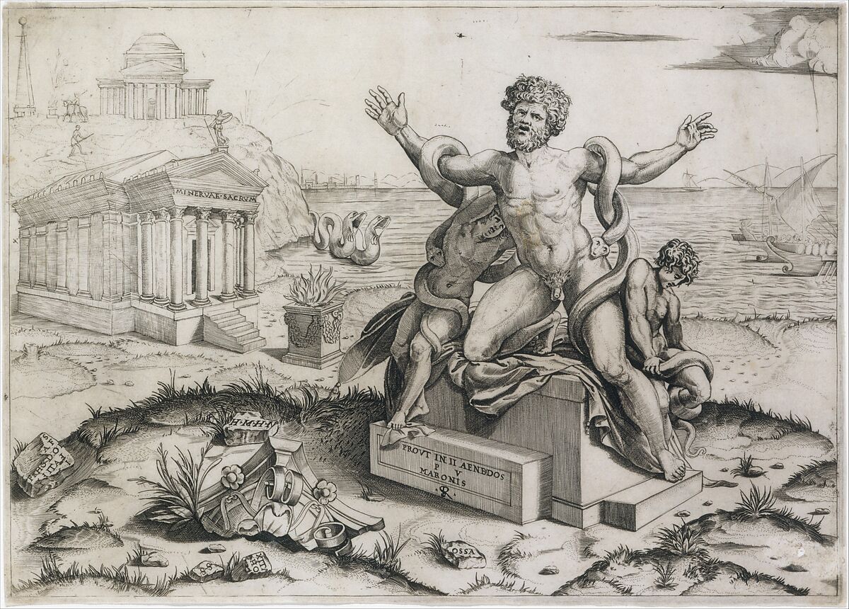 Laocoön and his two sons being attacked by serpents upon a pedestal, a temple to Minerva behind them, another temple and the sea in the background, Marco Dente (Italian, Ravenna, active by 1515–died 1527 Rome), Engraving