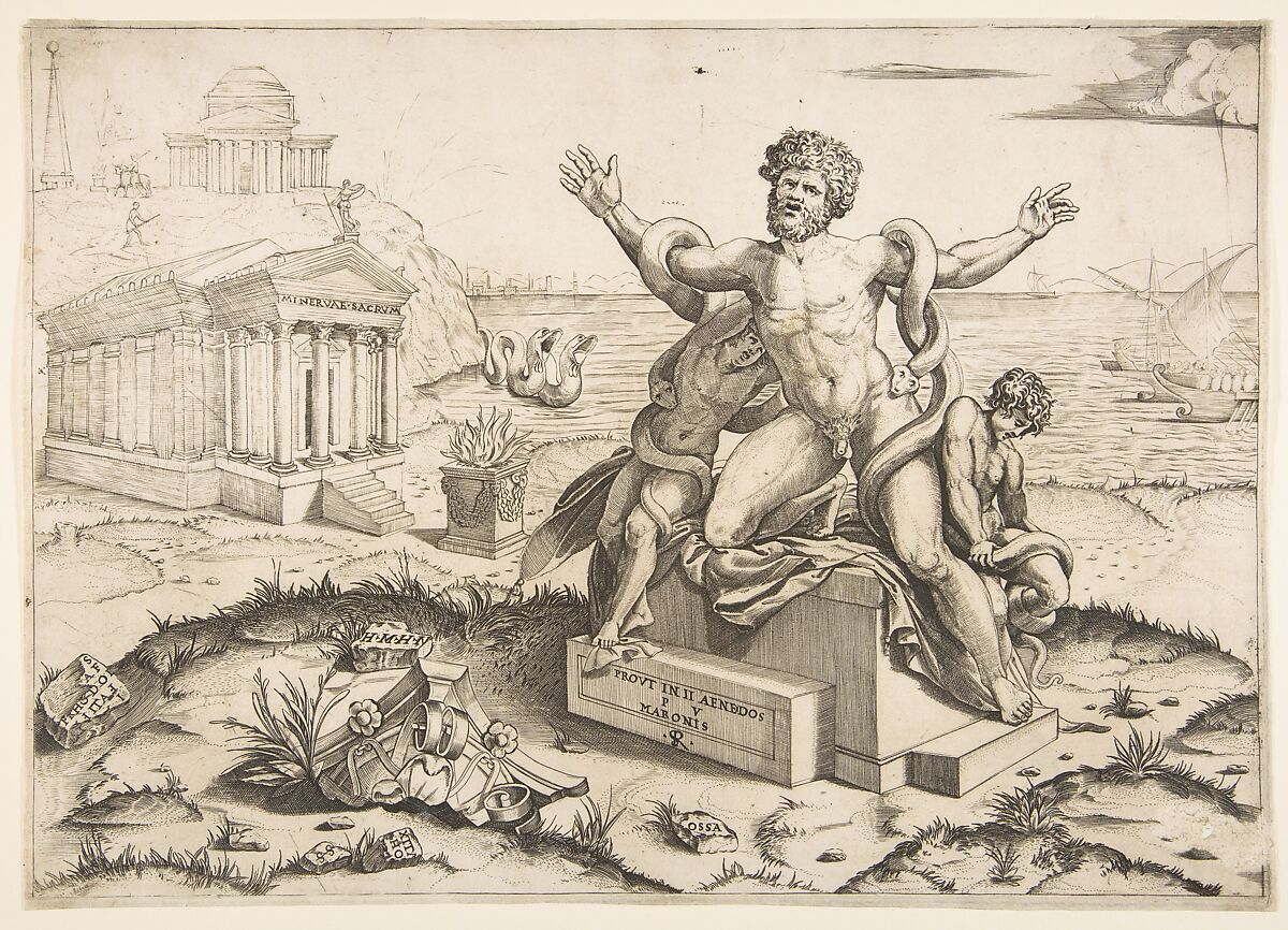 Laocoön and his two sons being attacked by serpents upon a pedestal, a temple to Minerva behind them, another temple and the sea in the background, Marco Dente (Italian, Ravenna, active by 1515–died 1527 Rome), Engraving 