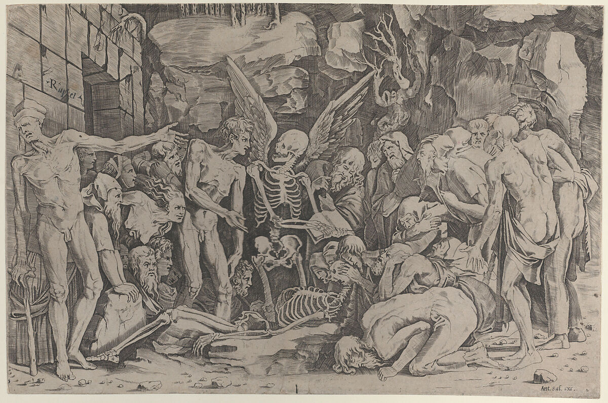 The Skeletons, a group of emaciated men and women gathered around a skeleton laid on the ground and a figure of Death as a winged skeleton standing above it holding an open book, Marco Dente (Italian, Ravenna, active by 1515–died 1527 Rome), Engraving