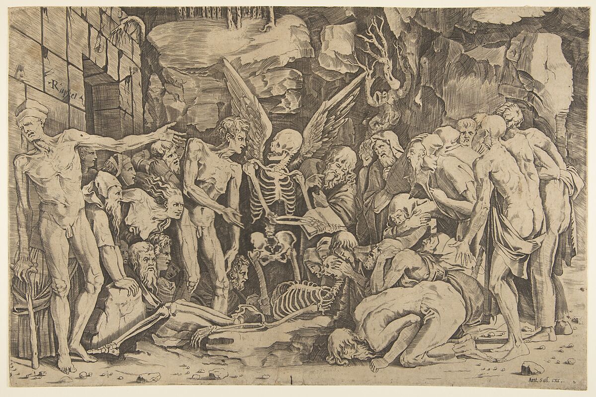 The Skeletons, a group of emaciated men and women gathered around a skeleton laid on the ground and a figure of Death as a winged skeleton standing above it holding an open book, Marco Dente (Italian, Ravenna, active by 1515–died 1527 Rome), Engraving 