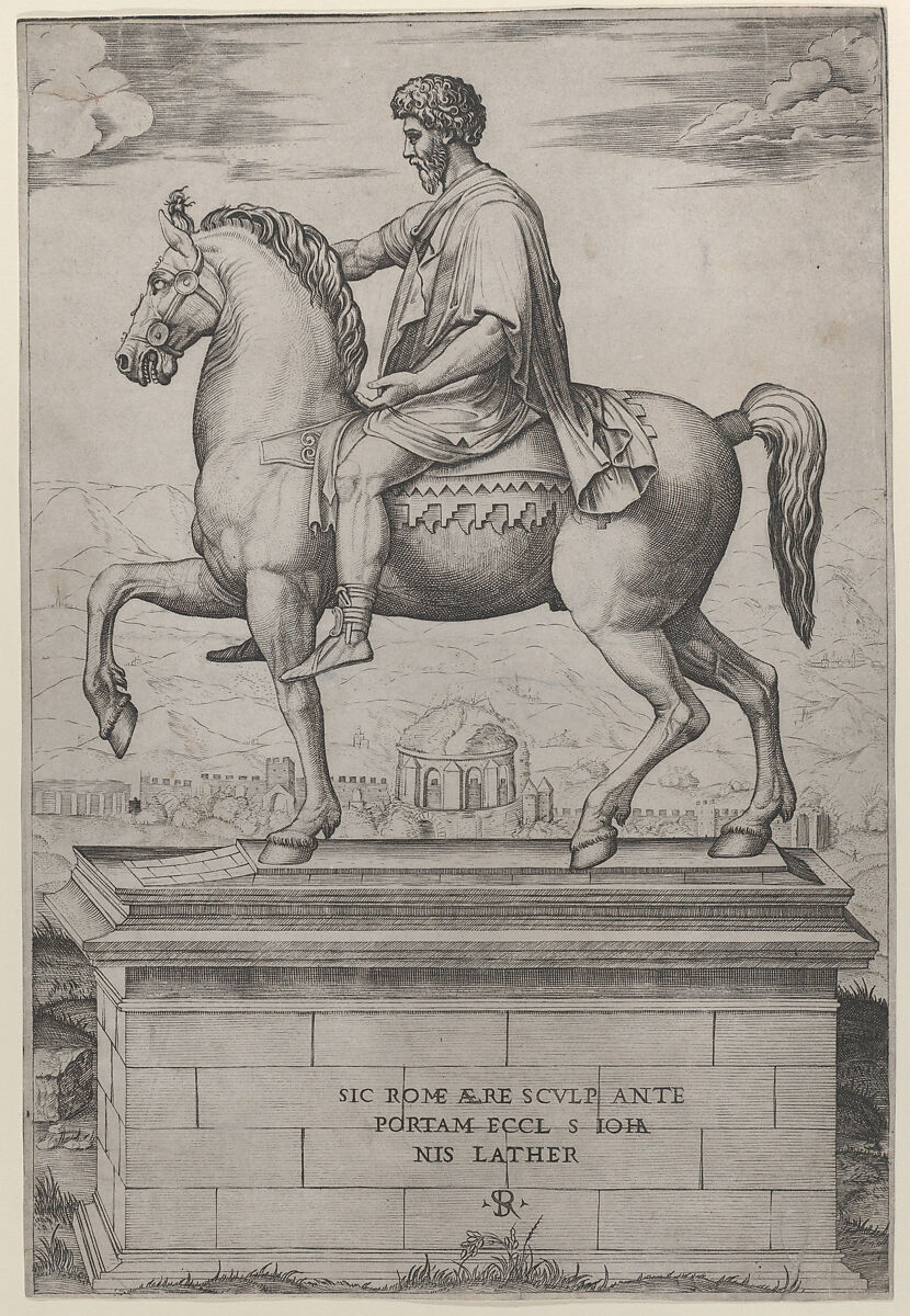 Equestrian Statue of Marcus Aurelius, Marco Dente (Italian, Ravenna, active by 1515–died 1527 Rome), Engraving