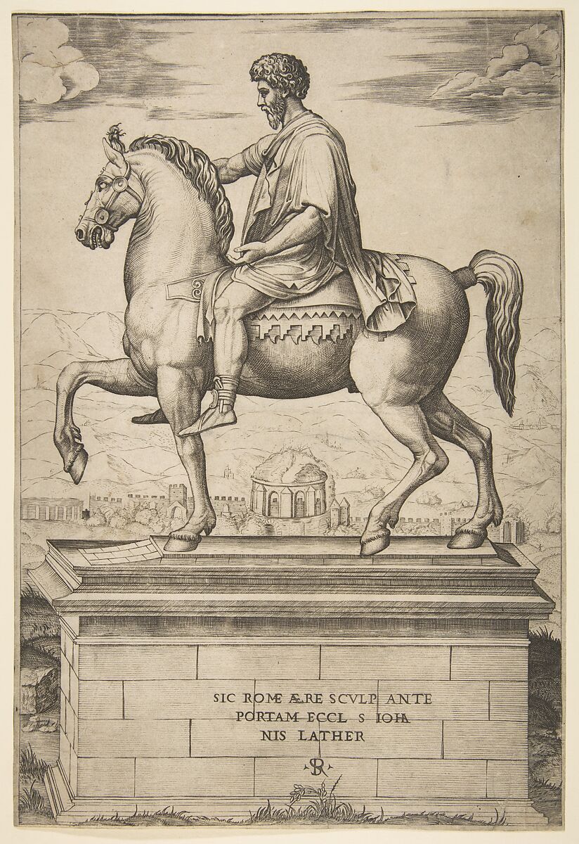 Equestrian Statue of Marcus Aurelius, Marco Dente (Italian, Ravenna, active by 1515–died 1527 Rome), Engraving 