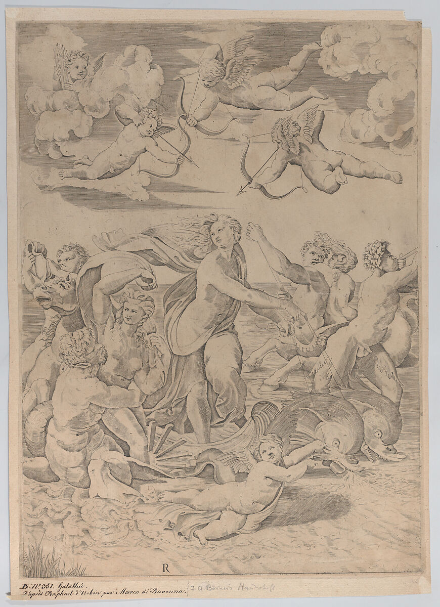 Galatea riding in a shell pulled through the water by dolphins, a cupid below and four more above, at left a triton embracing a nymph and behind them a man on horseback blowing a conch, at right a figure blowing a horn and  behind him a nymph riding on a centaur, Marco Dente (Italian, Ravenna, active by 1515–died 1527 Rome), Engraving