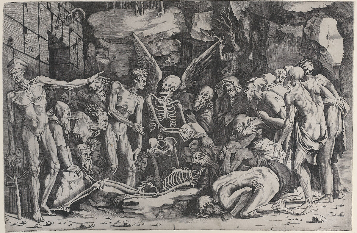 The Skeletons, a group of emaciated men and women gathered around a skeleton laid on the ground and a figure of Death as a winged skeleton standing above it holding an open book, Marco Dente (Italian, Ravenna, active by 1515–died 1527 Rome), Engraving
