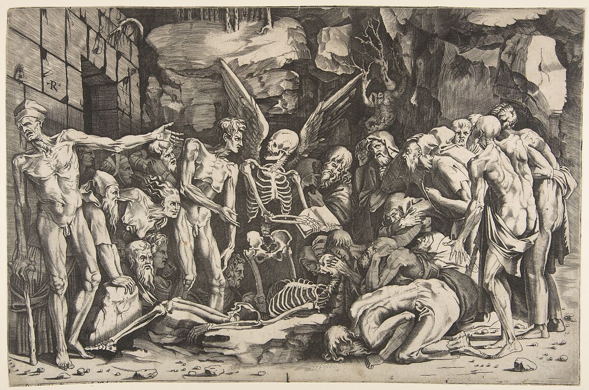 The Skeletons, a group of emaciated men and women gathered around a skeleton laid on the ground and a figure of Death as a winged skeleton standing above it holding an open book, Marco Dente (Italian, Ravenna, active by 1515–died 1527 Rome), Engraving 