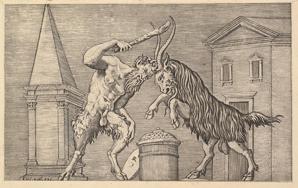 A Satyr and a Ram Clashing, from "Speculum Romanae Magnificentiae", Marco Dente (Italian, Ravenna, active by 1515–died 1527 Rome), Engraving 