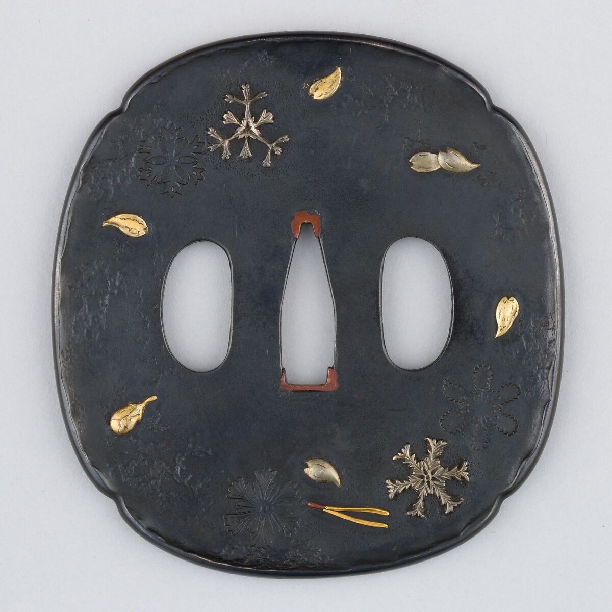 Sword Guard (Tsuba), Copper-gold alloy (shakudō), silver, gold, copper, Japanese