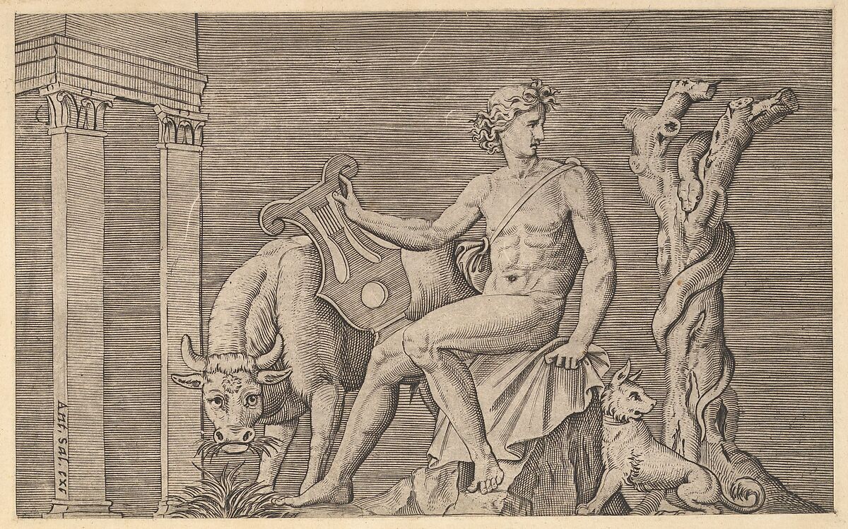 Apollo Tending the Flocks of Admetus, from "Speculum Romanae Magnificentiae", Marco Dente (Italian, Ravenna, active by 1515–died 1527 Rome), Engraving 