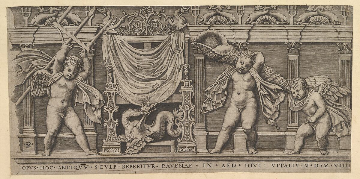 Bas-Relief with Three Cupids, from "Speculum Romanae Magnificentiae", Marco Dente  Italian, Engraving