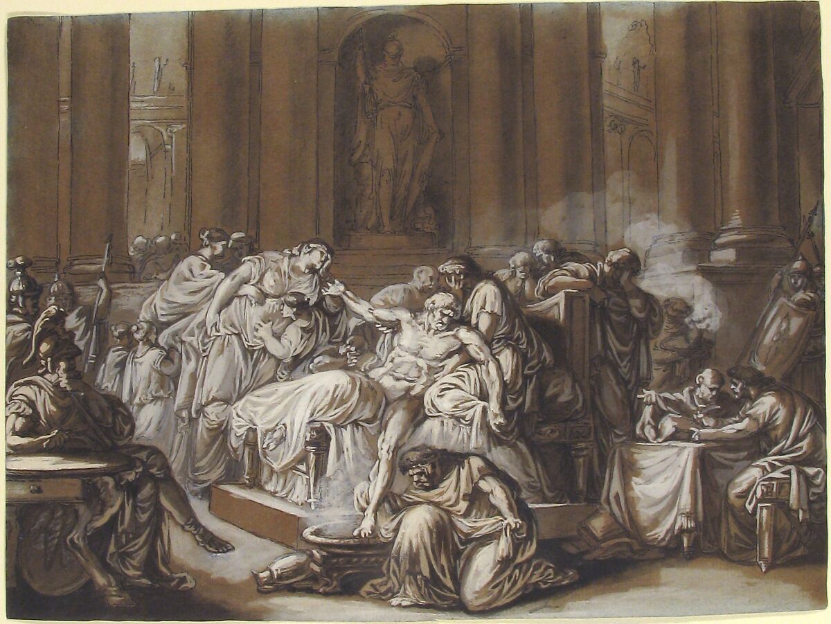The Death of Seneca, Jean Guillaume Moitte (French, Paris 1746–1810 Paris), Pen and black ink, brush and brown wash, heightened with white gouache on blue paper