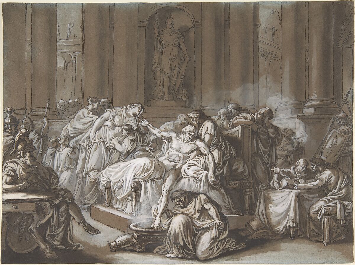 The Death of Seneca, Jean Guillaume Moitte  French, Pen and black ink, brush and brown wash, heightened with white gouache on blue paper