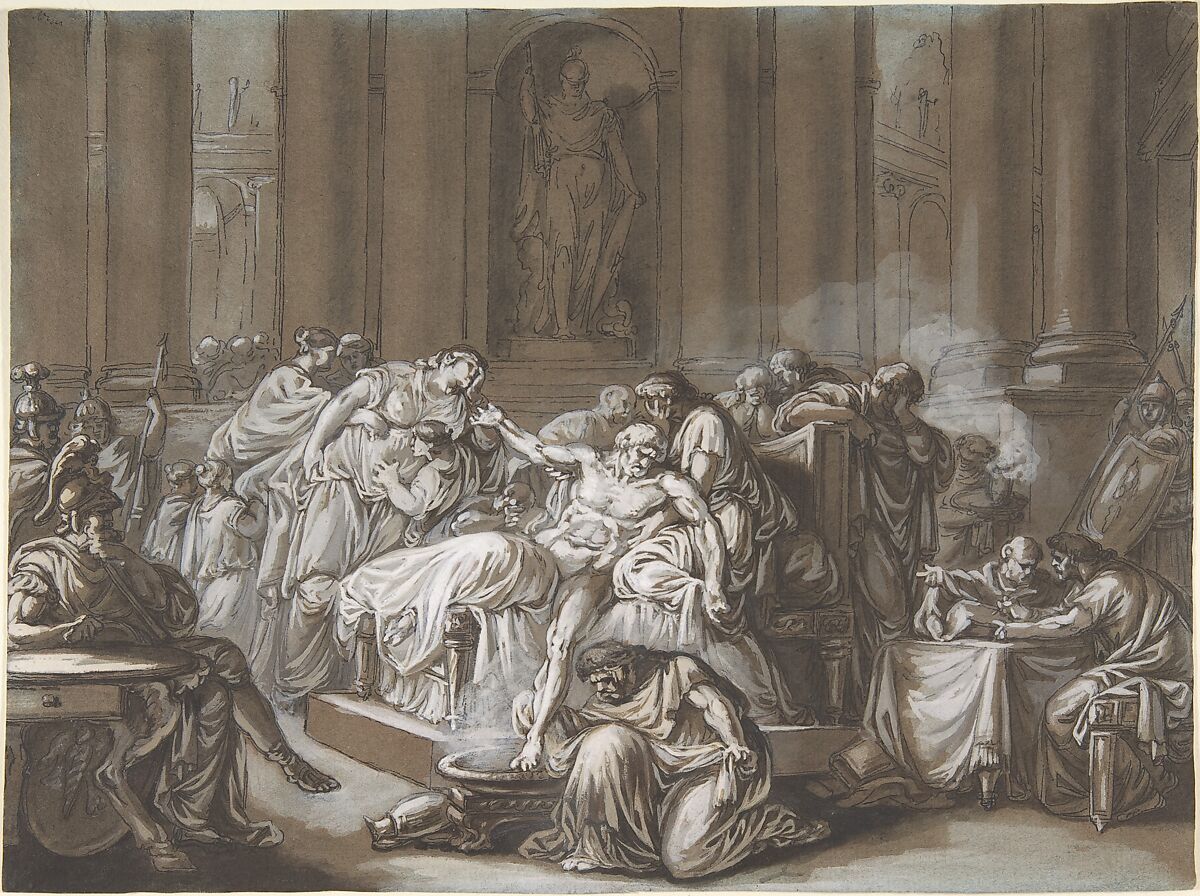 The Death of Seneca, Jean Guillaume Moitte (French, Paris 1746–1810 Paris), Pen and black ink, brush and brown wash, heightened with white gouache on blue paper 