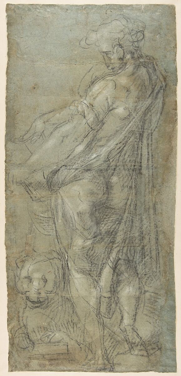 Saint John the Evangelist (recto; Cartoon for a Fresco); Saint Mark (verso; Cartoon for a Fresco), Francesco Salviati (Francesco de' Rossi) (Italian, Florence 1510–1563 Rome), (Recto and verso) Charcoal, highlighted with white chalk, on blue paper; outlines heavily stylus-incised on recto, and partly so on verso