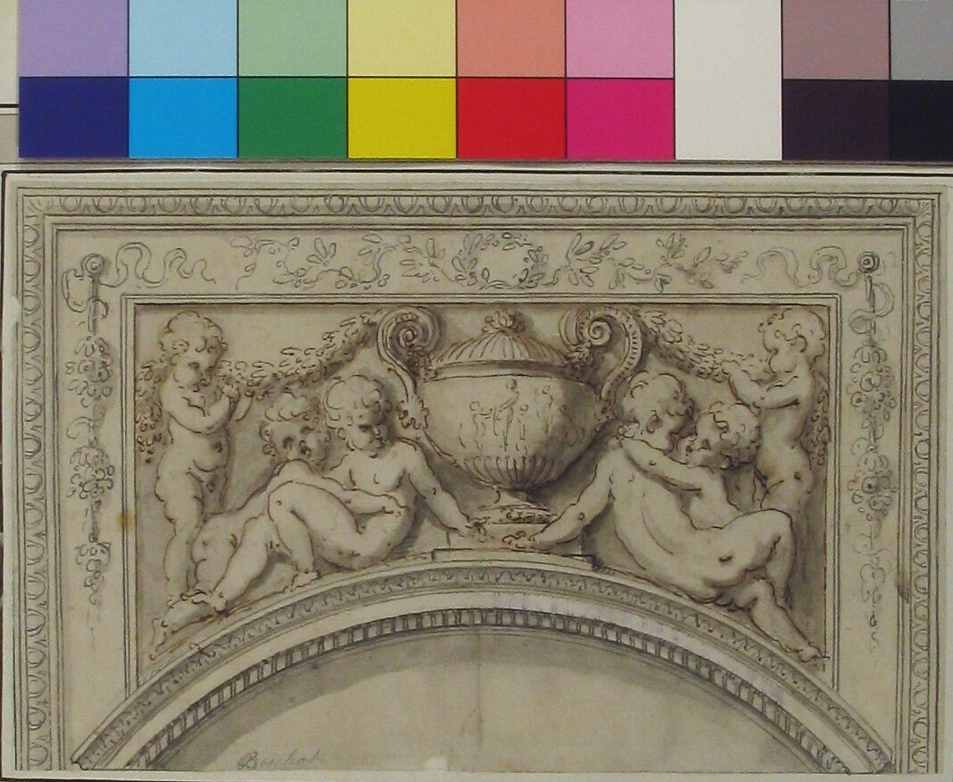 Design for Over Door, Guillaume Boichot (French, Chalon-sur-Soâne 1735–1814 Paris), Pen and brown ink, brush and gray wash, over graphite