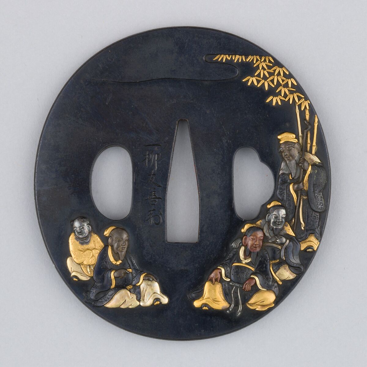 Sword Guard (Tsuba), Copper-gold alloy (shakudō), gold, silver, copper, copper-silver alloy (shibuichi), Japanese 