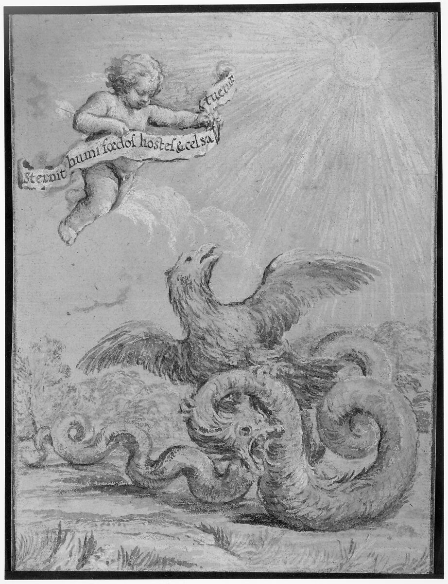 Design with an Eagle Fighting with a Serpent and a Putto in the Sky Holding an Inscribed Banner, Pietro da Cortona (Pietro Berrettini) (Italian, Cortona 1596–1669 Rome)  , School of, Pen and black ink, brush and black wash over traces of black chalk, highlighted with white and blue-gray gouache