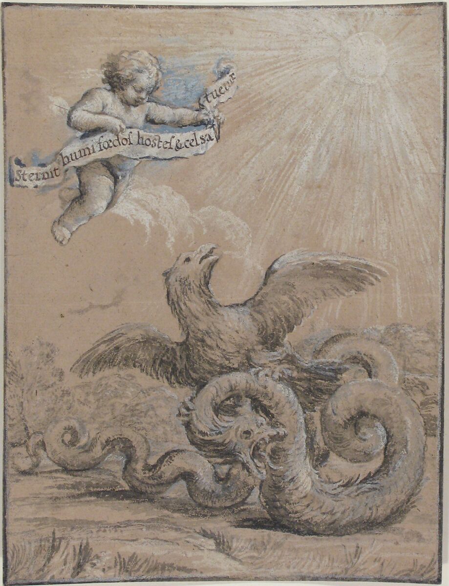 Design with an Eagle Fighting with a Serpent and a Putto in the Sky Holding an Inscribed Banner, Pietro da Cortona (Pietro Berrettini) (Italian, Cortona 1596–1669 Rome)  , School of, Pen and black ink, brush and black wash over traces of black chalk, highlighted with white and blue-gray gouache