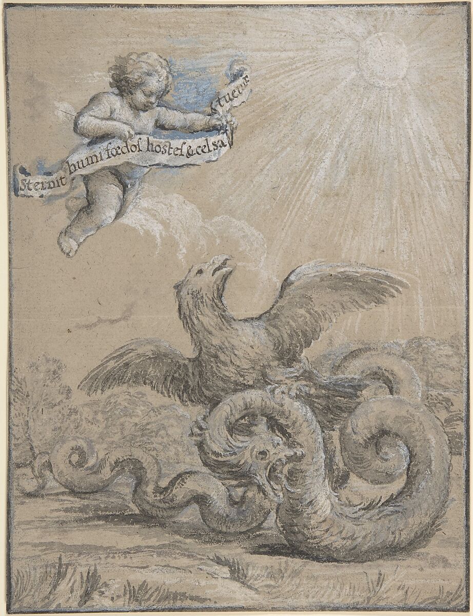 Design with an Eagle Fighting with a Serpent and a Putto in the Sky Holding an Inscribed Banner., Pietro da Cortona (Pietro Berrettini) (Italian, Cortona 1596–1669 Rome)  , School of, Pen and black ink, brush and black wash over traces of black chalk, highlighted with white and blue-gray gouache, on light brown paper 