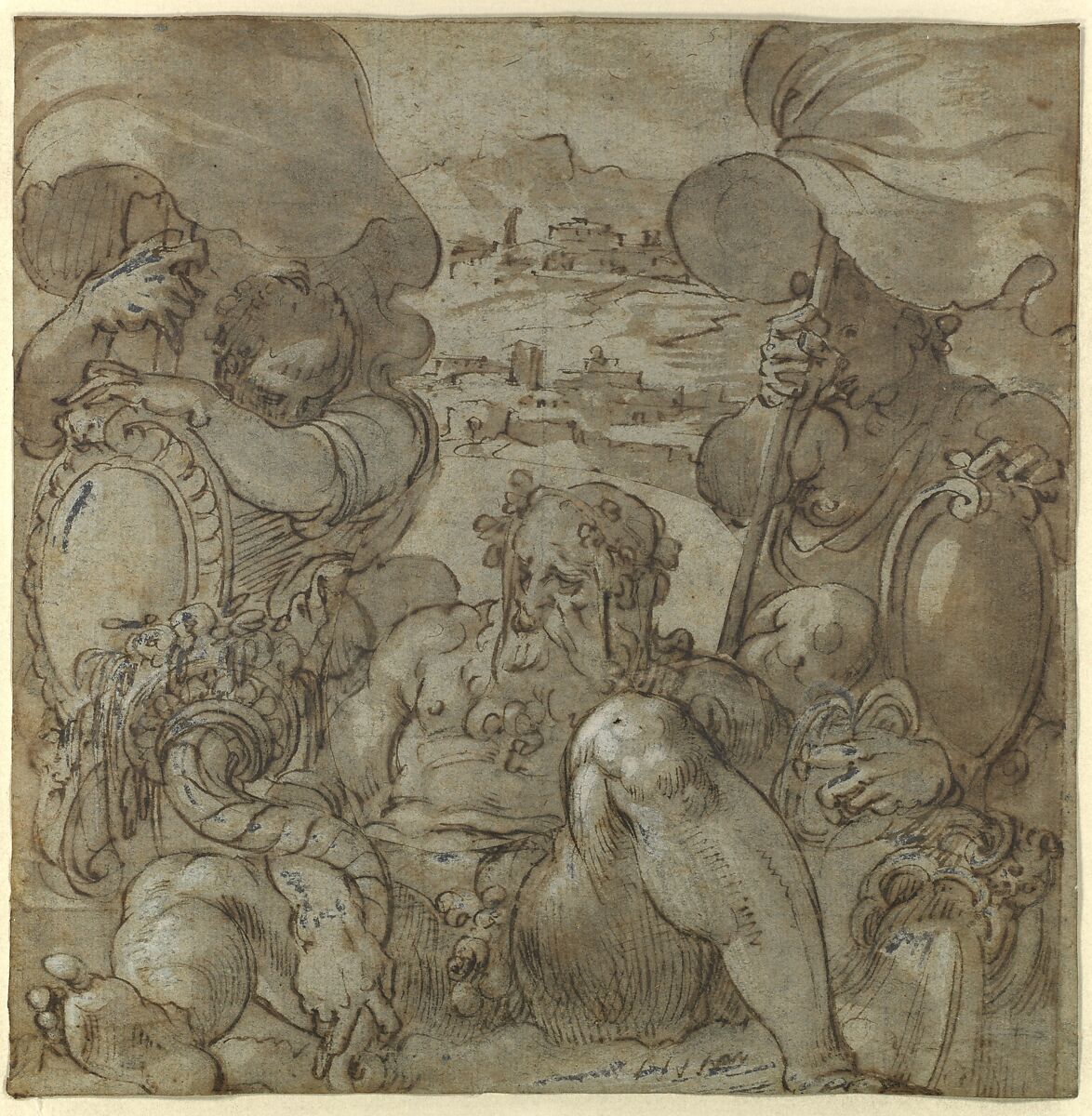 Study for the Allegory of San Gimignano and Colle Val d'Elsa, Jacopo Zucchi (Italian, Florence ca. 1540–1596 Rome), Pen and brown ink, highlighted with white gouache, traces of squaring in black chalk (on top of drawing surface), over traces of black chalk on blue paper