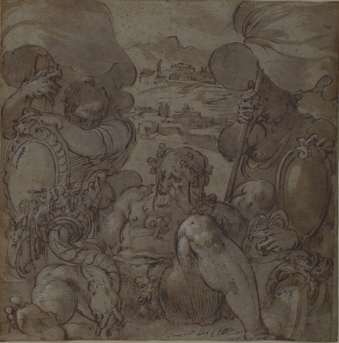Study for the Allegory of San Gimignano and Colle Val d'Elsa, Jacopo Zucchi (Italian, Florence ca. 1540–1596 Rome), Pen and brown ink, highlighted with white gouache, traces of squaring in black chalk (on top of drawing surface), over traces of black chalk on blue paper