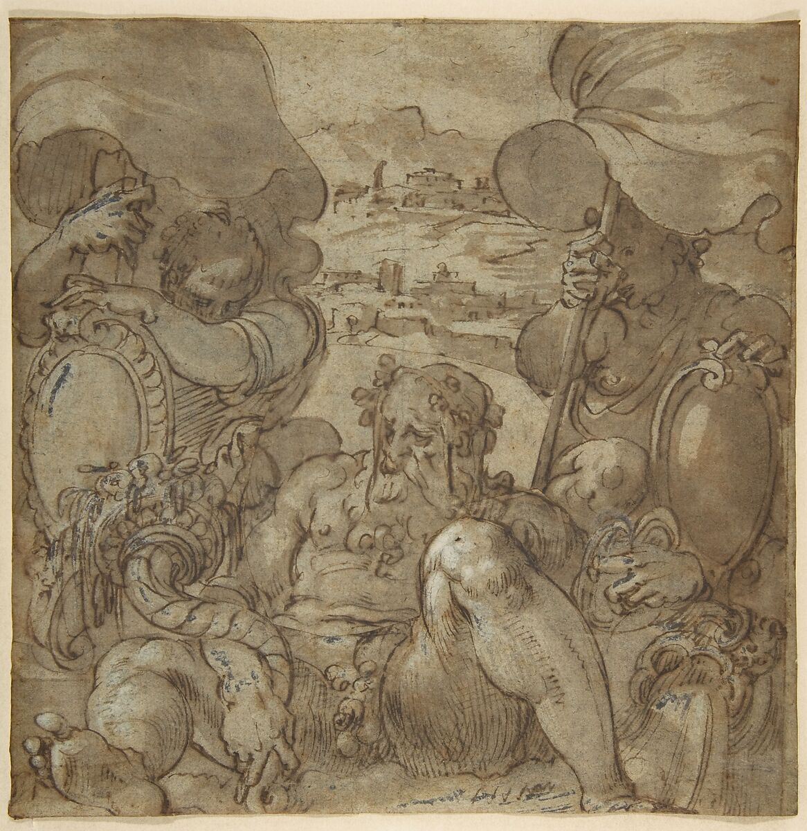 Study for the Allegory of San Gimignano and Colle Val d'Elsa, Jacopo Zucchi (Italian, Florence ca. 1540–1596 Rome), Pen and brown ink, highlighted with white gouache, traces of squaring in black chalk (on top of drawing surface), over traces of black chalk on blue paper 