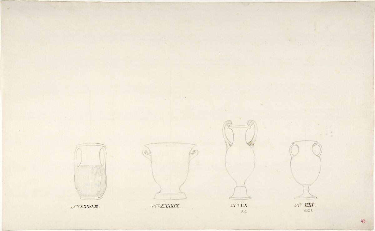 Design for Four Vases, Anonymous, French, 18th century, Black chalk, and pen and brown ink 