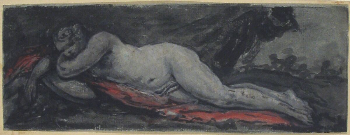 Reclining Nude, Anonymous, French, 18th century, Black, white, and red tempera