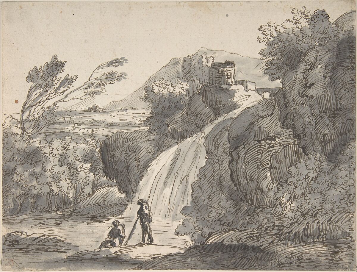 Landscape with Two Figures, Anonymous, French, 17th century, Pen and brown ink, brush and gray-blue wash. 