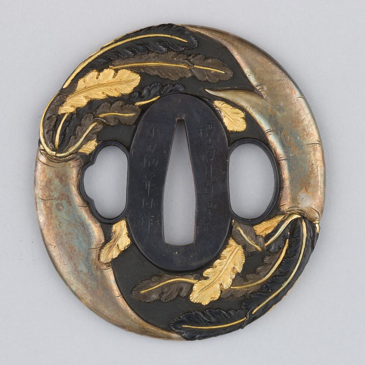 Sword Guard (Tsuba), Copper-gold alloy (shakudō), silver, gold, copper-silver alloy (shibuichi), copper, Japanese