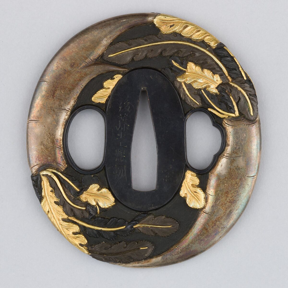 Sword Guard (Tsuba), Copper-gold alloy (shakudō), silver, gold, copper-silver alloy (shibuichi), copper, Japanese 