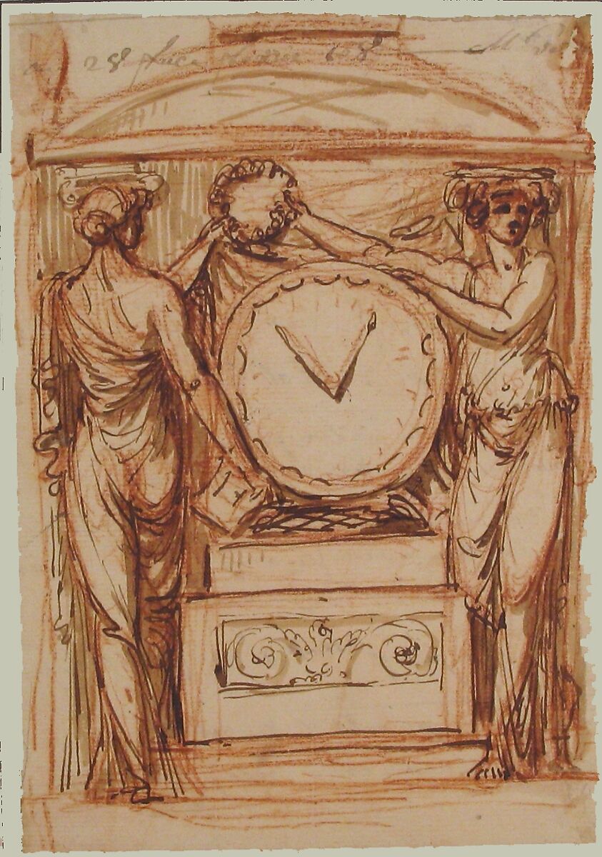 Design for a Clock, Anonymous, French, 18th century, Pen and brown ink, brush and brown wash over red chalk 