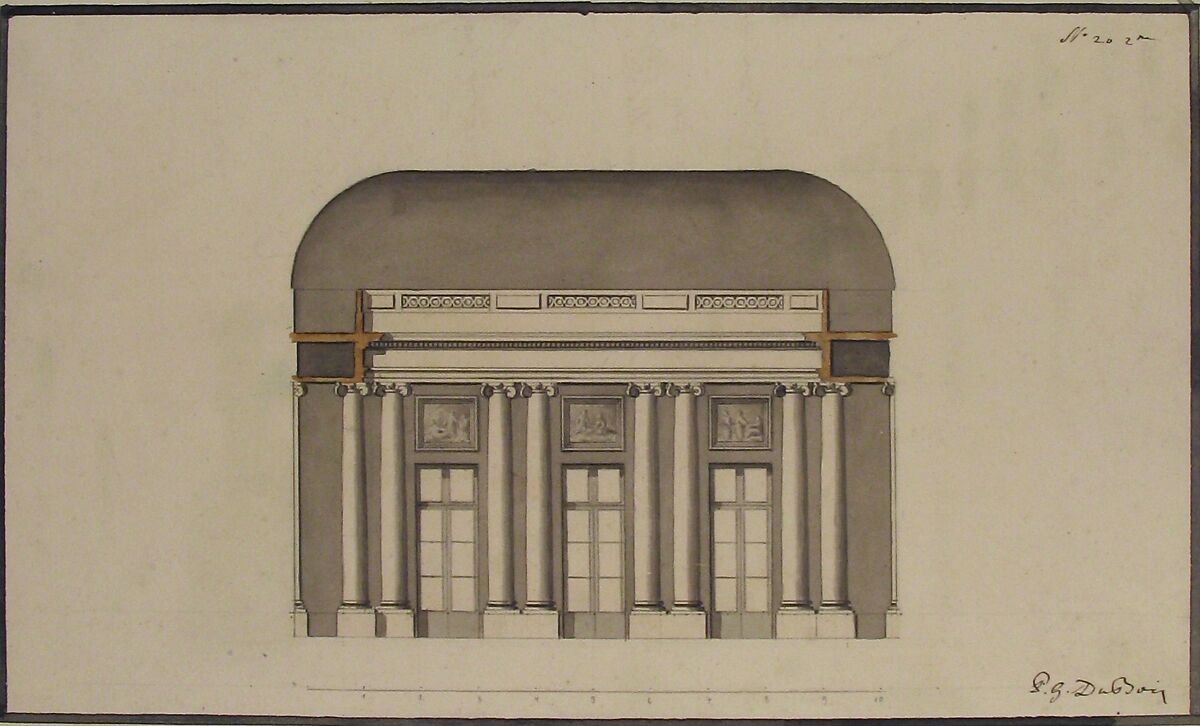 Section of a Ballroom: Three Doorways between Sets of Two Columns, Anonymous, French, 18th century, Pen and gray ink, brush and brown wash