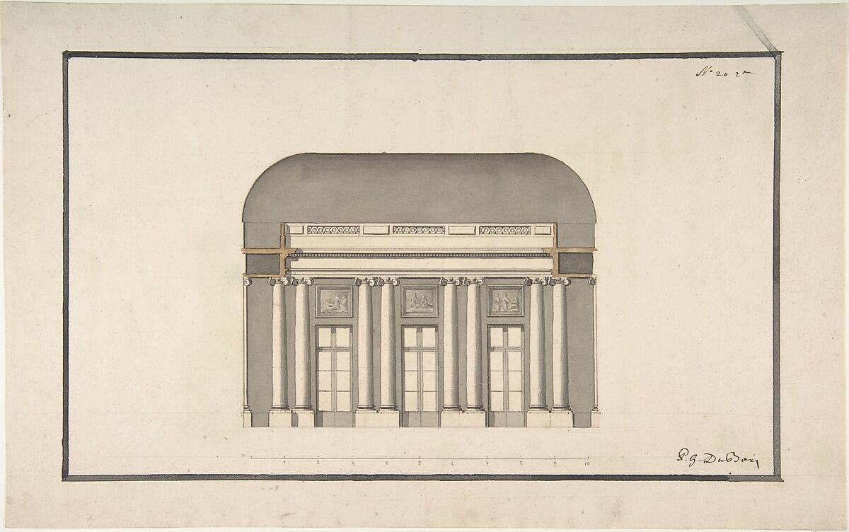 Section of a Ballroom: Three Doorways between Sets of Two Columns, Anonymous, French, 18th century, Pen and gray ink, brush and brown wash 