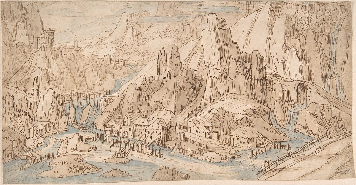 Mountainous Landscape, Tobias Verhaecht (Netherlandish, Antwerp 1561–1631 Antwerp), Pen and brown ink, brown and blue wash 