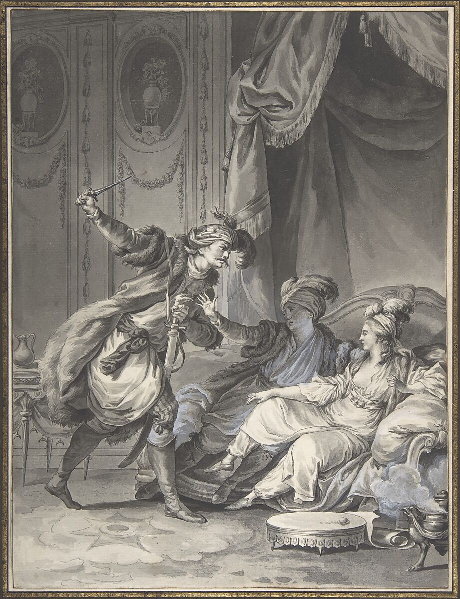 Comme ils en étaient là, arrive l'oncle, Jean Michel Moreau le Jeune (French, Paris 1741–1814 Paris), Pen and black ink, brush and gray wash, heightened with white gouache 