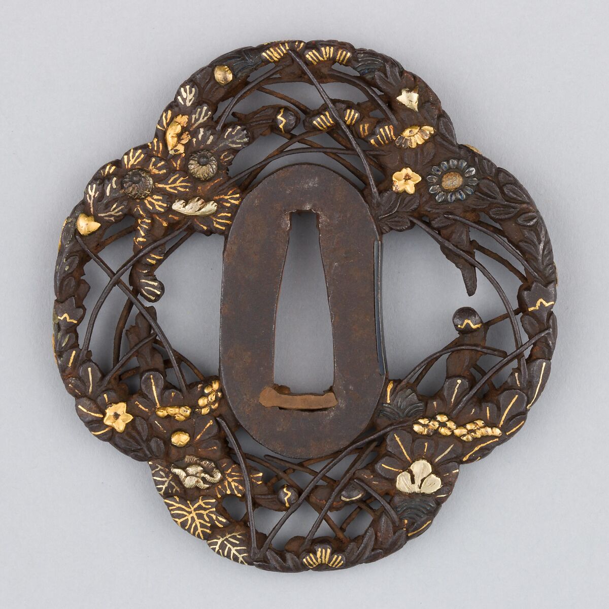 Sword Guard (Tsuba), Iron, gold, silver, copper, Japanese