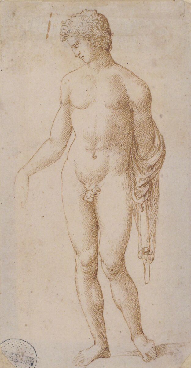 Standing Male Nude, Marcantonio Raimondi (Italian, Argini (?) ca. 1480–before 1534 Bologna (?)), Pen and brown ink